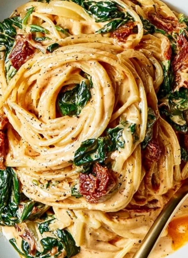 Bowl of quick spinach spaghetti with sundried tomatoes served on a blue plate