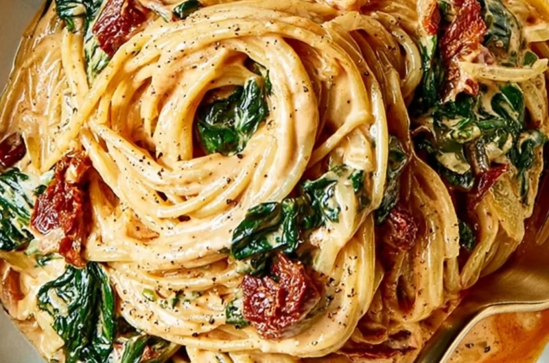 Bowl of quick spinach spaghetti with sundried tomatoes served on a blue plate